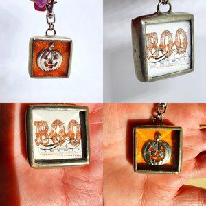 Rare Vintage Halloween Pumpkin Boo Two Sided Glass Pewter Swivel Removable Charm